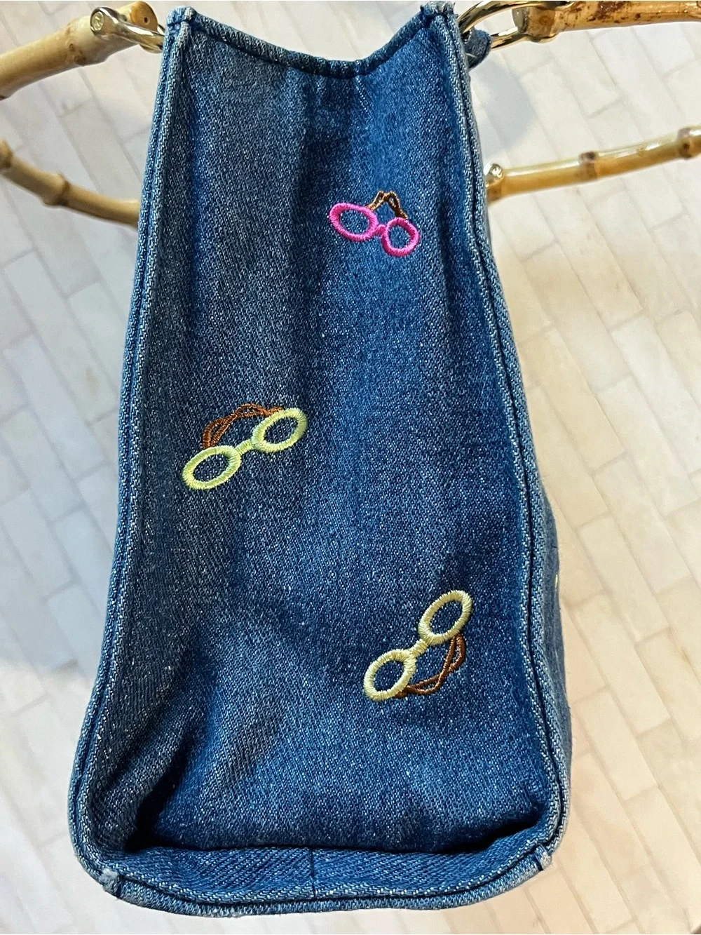 Denim Embroidered Glasses Satchel with Bamboo Handle Colorful - Picture 8 of 13